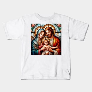 Christian stained glass of the Biblical Holy Family: Saint Joseph, Our Lady and the Child Jesus Kids T-Shirt